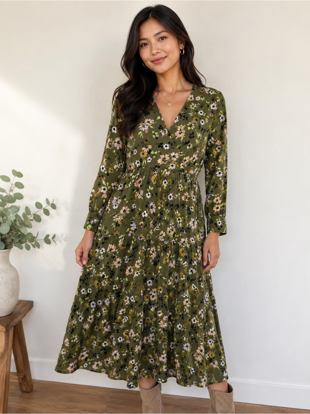 Madewell Olive Green Floral Long Sleeve Midi Dress